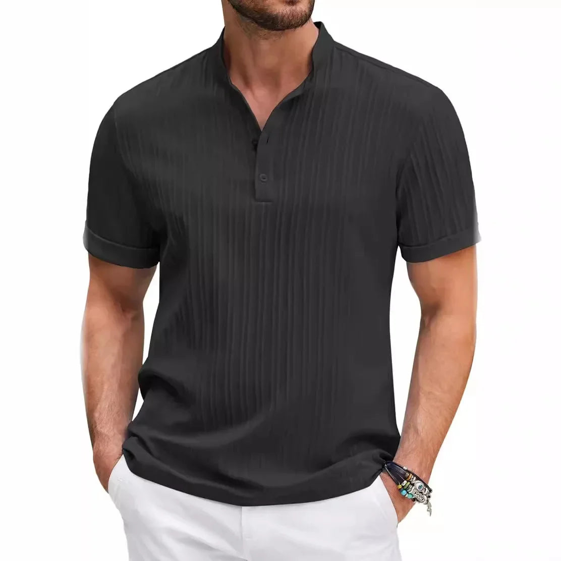 Stand Collar Striped Casual T-Shirt