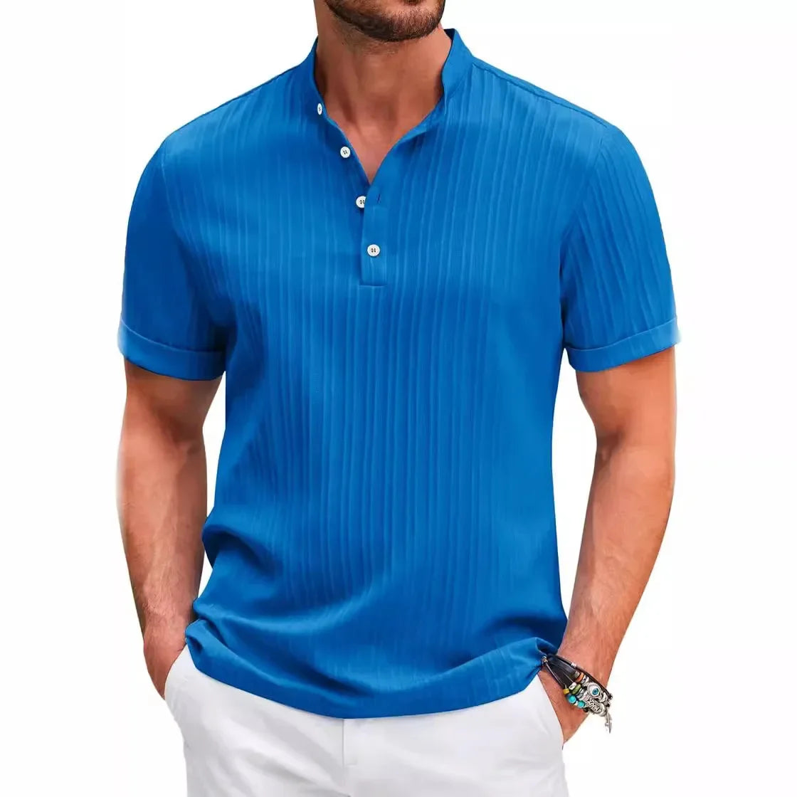 Stand Collar Striped Casual T-Shirt