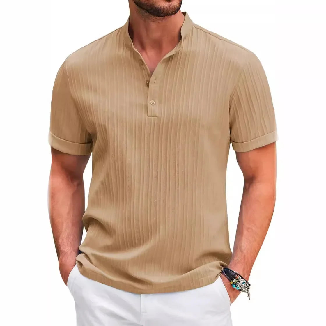 Stand Collar Striped Casual T-Shirt